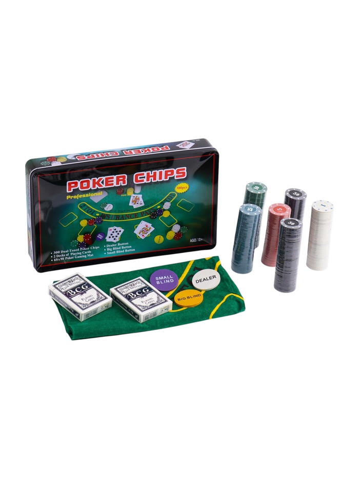 Набор для покера Poker Chips: 2 колоды карт по 54 шт., 300 фишек, сукно, металлический бокс, УЦЕНКА (мятая упаковка) - Фото 1