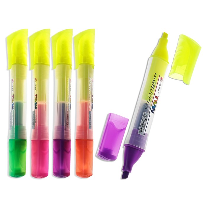 Набор 4 шт. (3+1 повторяющийся цвет) маркер текстовыделитель наконечник скошенный 5 мм корпус треугольный двухцветный - Фото 1