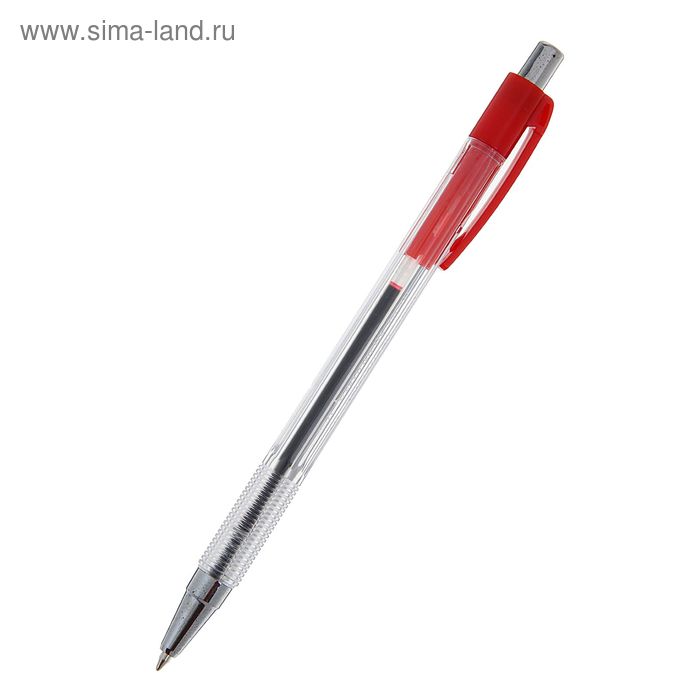 Ручка шариковая авт 0,7мм корпус прозрачный с рифленым держателем стержень красный DELI - Фото 1