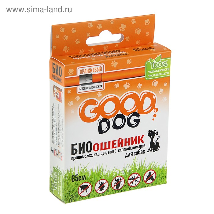 Биоошейник антипаразитарный Good Dog для собак от блох и клещей, оранжевый 65 см. 1/6 - Фото 1