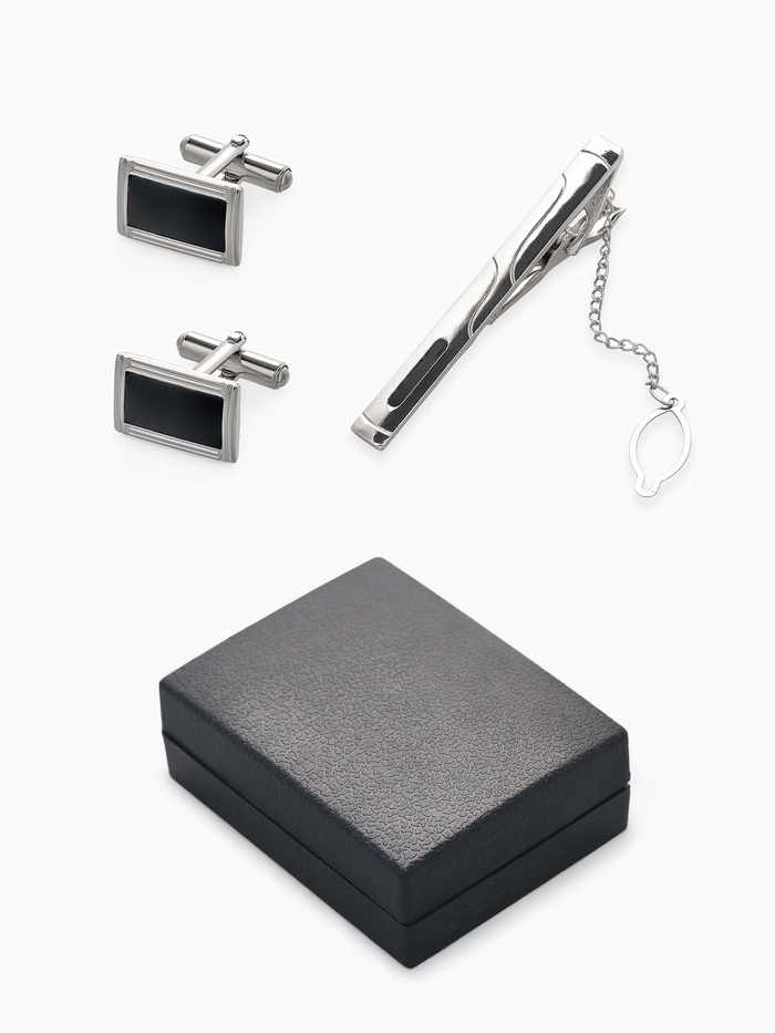Набор мужской медный «Запонки + Зажим для галстука» прямоугольник с эмалью, чёрно-серебристый - Фото 1