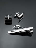 Набор мужской медный «Запонки + Зажим для галстука» прямоугольник с эмалью, чёрно-серебристый - Фото 11