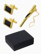 Набор мужской медный «Запонки+Зажим(6 см)для галстука», точеч рисунок, прямоуг, чёрный в зол - Фото 1