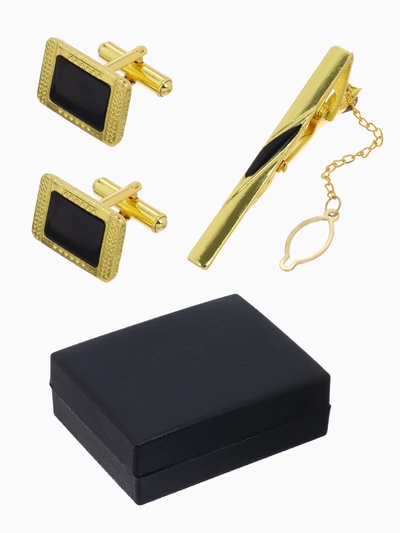 Набор мужской медный «Запонки+Зажим(6 см)для галстука», точеч рисунок, прямоуг, чёрный в зол