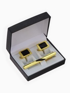 Набор мужской медный «Запонки+Зажим(6 см)для галстука» точеч рисунок, прямоуг, чёрный в зол - фото 60879154