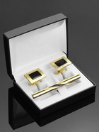 Набор мужской медный «Запонки+Зажим(6 см)для галстука» точеч рисунок, прямоуг, чёрный в зол - фото 60879157