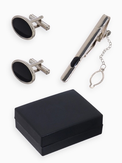 Набор мужской медный «Запонки + Зажим для галстука» овал с эмалью, чёрный в серебре