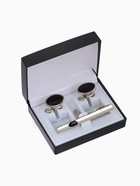 Набор мужской медный «Запонки + Зажим для галстука» овал с эмалью, чёрный в серебре 1436839