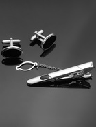 Набор мужской медный «Запонки + Зажим для галстука» овал с эмалью, чёрный в серебре 1436839