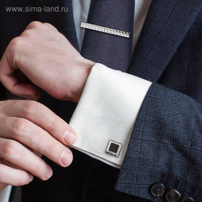 Набор мужской "Запонки + Зажим для галстука" ромб в квадрате, цвет чёрный в серебре