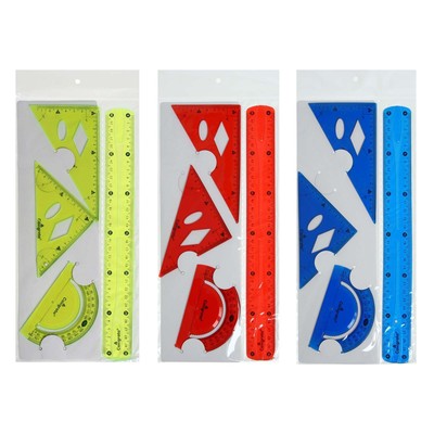 Набор геометрический Calligrata, силиконовый, гибкий, 4 предмета (линейка 30 см, 2 угольника, транспортир), МИКС