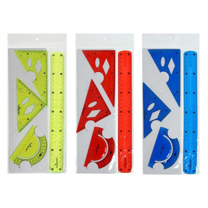 Набор геометрический Calligrata, силиконовый, гибкий, 4 предмета (линейка 30 см, 2 угольника, транспортир), МИКС - Фото 1