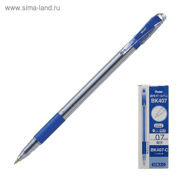 Ручка шариковая Pentel масляная основа TKO 407, резиновый упор, 0.7мм, синий стержень (BKL7) - Фото 1