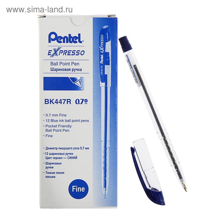 Ручка шариковая Pentel масляная основа Expresso 447, узел-игла 0.7мм, синий стержень - Фото 1