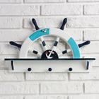 Вешалка настенная «Штурвал», крючки декоративные, 3 крючка на панно, бело-синяя, 45×28×5 см - Фото 1