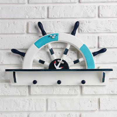 Вешалка настенная «Штурвал», крючки декоративные, 3 крючка на панно, бело-синяя, 45×28×5 см