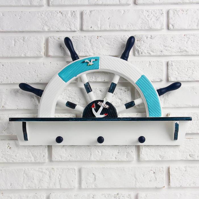 Вешалка настенная «Штурвал», крючки декоративные, 3 крючка на панно, бело-синяя, 45×28×5 см - Фото 1