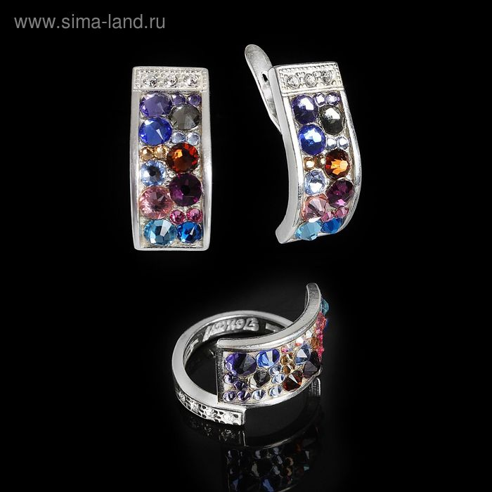 Гарнитур 2 предмета: серьги, кольцо «Кобра стр.» размер 19, цветной в серебре - Фото 1
