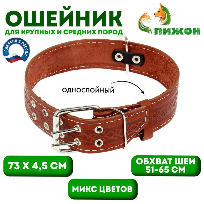 Ошейник кожаный однослойный, 73×4.5 см, ОШ 51-65 см, микс - Фото 1