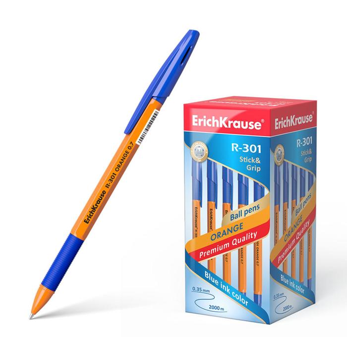 Ручка шариковая Erich Krause R-301 Orange Stick & Grip, узел 0.7 мм, чернила синие, резиновый упор, длина линии письма 1000 метров - Фото 1