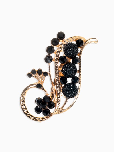 Брошь «Павлин черничный», чёрная в золоте