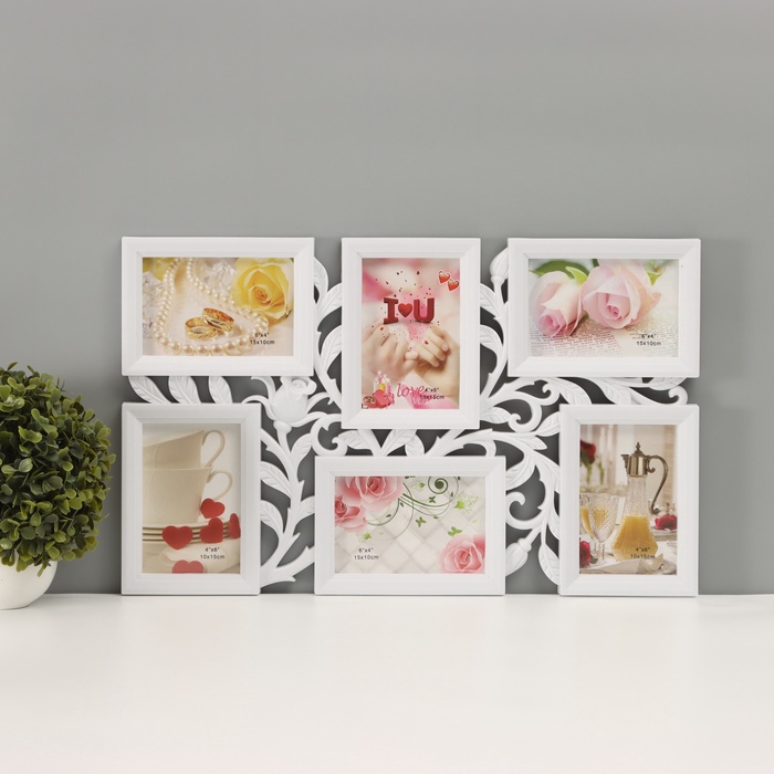 Фоторамка-коллаж на 6 фото 10×15 см «Бутон», пластик, белая, 52×32 см - Фото 1