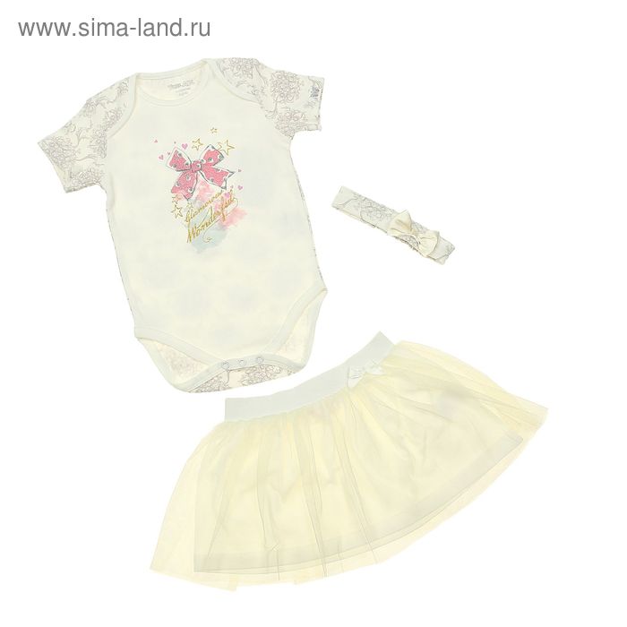 Комплект для девочки (боди с коротким рукавом, юбка, повязка), рост 62 см (40), цвет ванильный - Фото 1