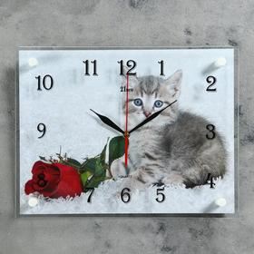 Часы настенные, серия: Животный мир, "Котенок и роза", плавный ход, 30 х 40 см