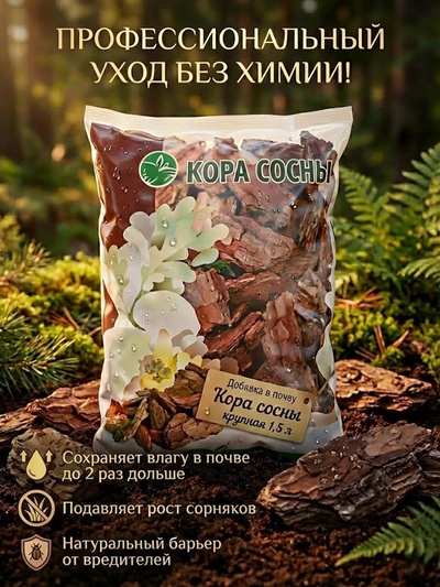 Добавка в почву «Кора сосны», крупная, 1.5 л