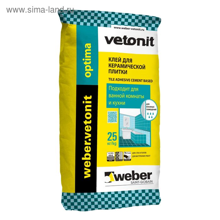 Клей для керамической плитки Weber-vetonit Optima (для внутренних работ), серый, 25 кг - Фото 1