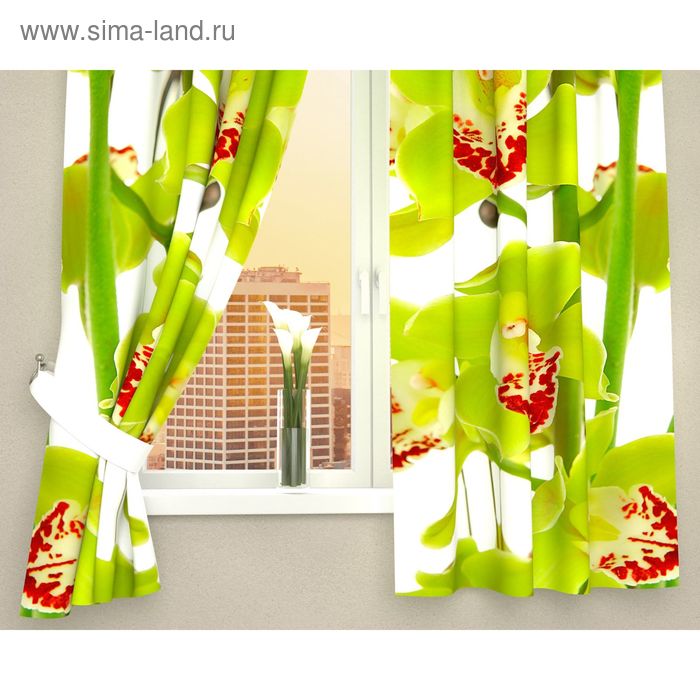 Фотошторы кухонные "Зелёная орхидея", ширина 145 см, высота 160 см-2 шт., габардин - Фото 1