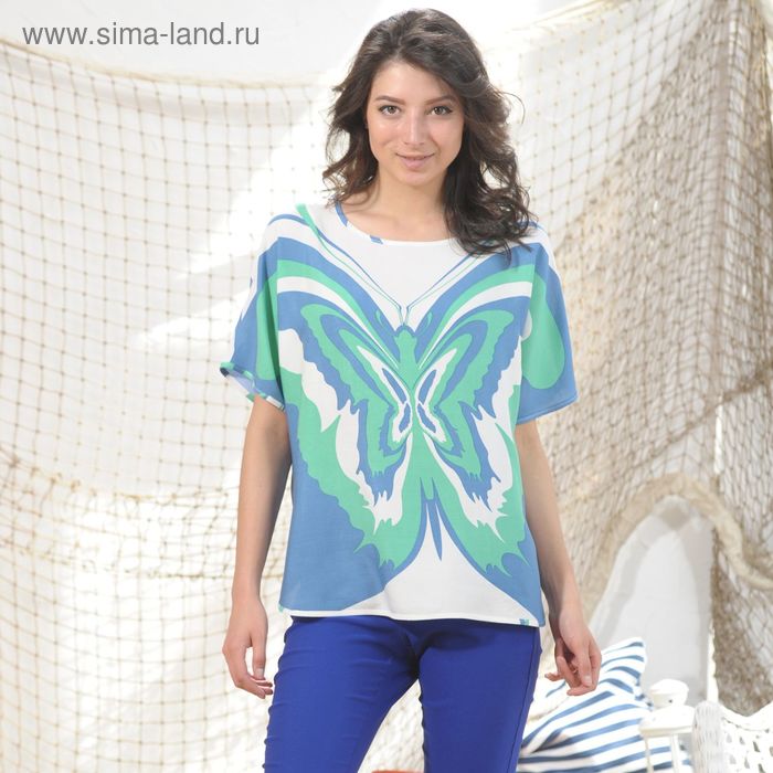 Блуза, размер 52, рост 164 см, цвет зелёный/синий/белый (арт. 4988а С+) - Фото 1