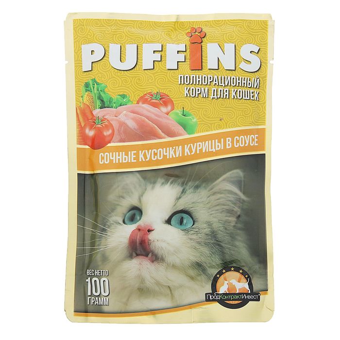 Влажный корм Puffins для кошек, сочные кусочки курицы в соусе, 100 г