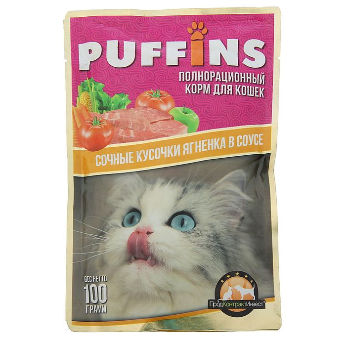 Влажный корм "Puffins" для кошек, сочные кусочки ягненка в соусе, 100 г - Фото 1