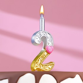 Свеча для торта «Сердечки» серебряно-золотая, 10.2 см, цифра 2