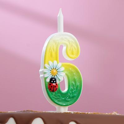 Свеча для торта "Ромашки", 10,2 см, разноцветная цифра "6"