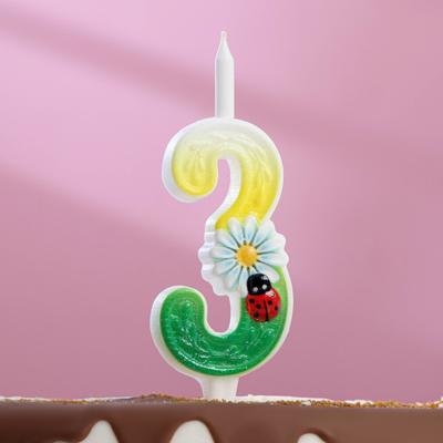 Свеча для торта "Ромашки", 10,2 см, разноцветная цифра "3"