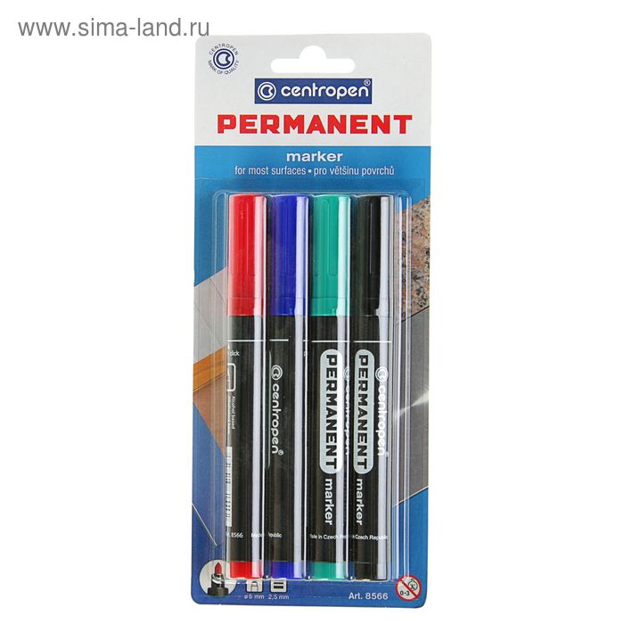 Набор маркеров перманентных 4 цвета, 5.0 мм Centropen 8566, линия 2,5 мм, блистер, европодвес - Фото 1
