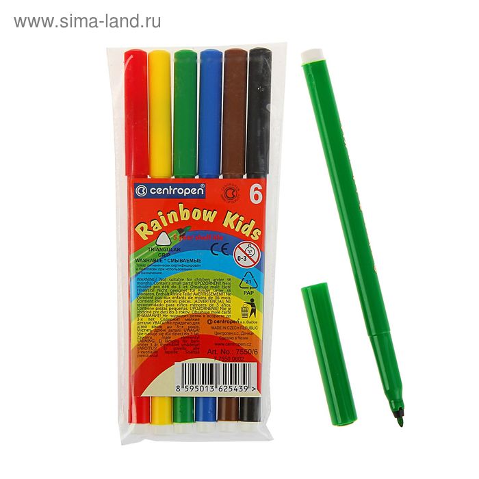 Фломастеры 6 цветов 2.0 мм Centropen 7550 Rainbow Kids, пластиковый конверт, линия 1.0 мм