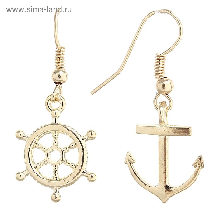 Серьги металл «Штурвал и якорь», цвет золото - Фото 1