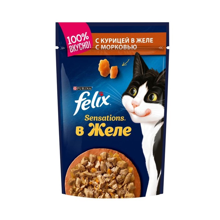 Влажный корм FELIX Sensations для кошек, курица/морковь в желе, пауч, 85 г - Фото 1