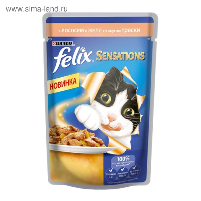 Влажный корм FELIX Sensations для кошек, лосось/треска в желе, пауч, 85 г - Фото 1