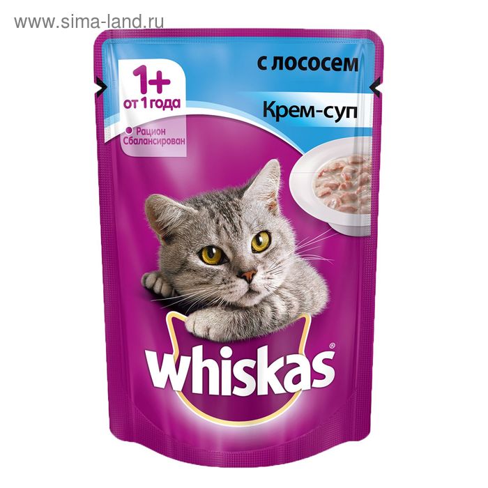 Влажный корм Whiskas для кошек, крем-суп с лососем, пауч, 85 г - Фото 1