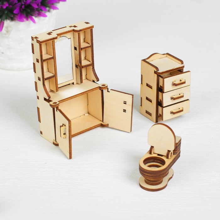 Набор деревянной мебели для кукол «Ванная» (скамейка, ванна, унитаз, умывальник, шкаф) - фото 1887681090
