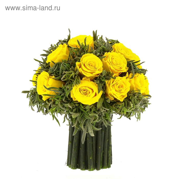 Декоративная композиция "Причудливость" из лаванды 19 бутонов роз, 19 см, желтый - Фото 1
