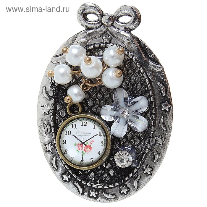 Брошь "Винтаж" часы, цветная в серебре - Фото 1