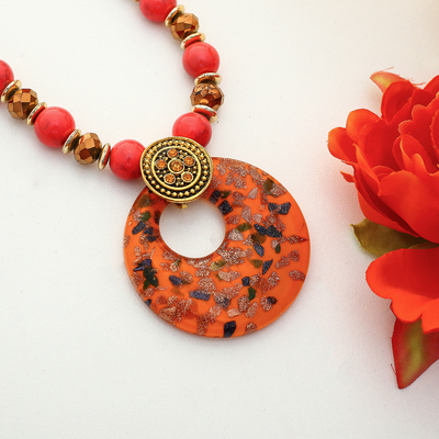 Кулон восход «Муранское стекло» круг, цвет коралловый, 60см