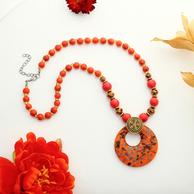 Кулон восход «Муранское стекло» круг, цвет коралловый, 60см