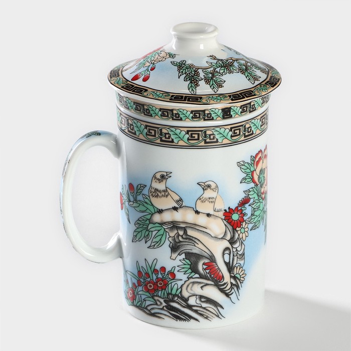 Кружка с ситом «Птицы в пионах», 300 мл, керамика, белая - Фото 1