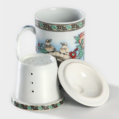 Кружка с крышкой и ситом «Птицы в пионах», 300 мл, керамика